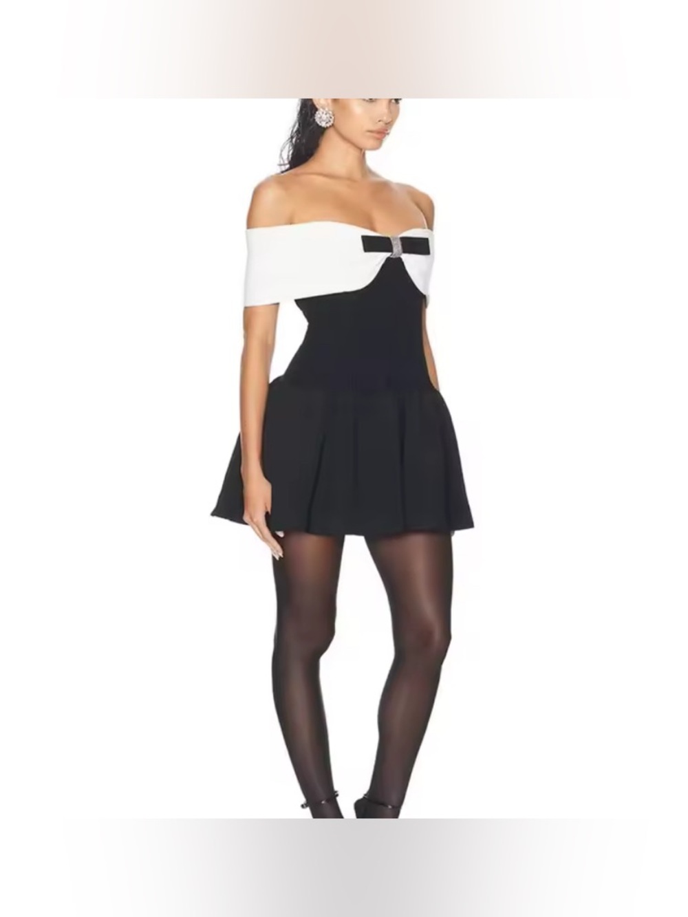 NEW $188 Lou Paris Off-Shoulder Black and White Bow Mini Dress